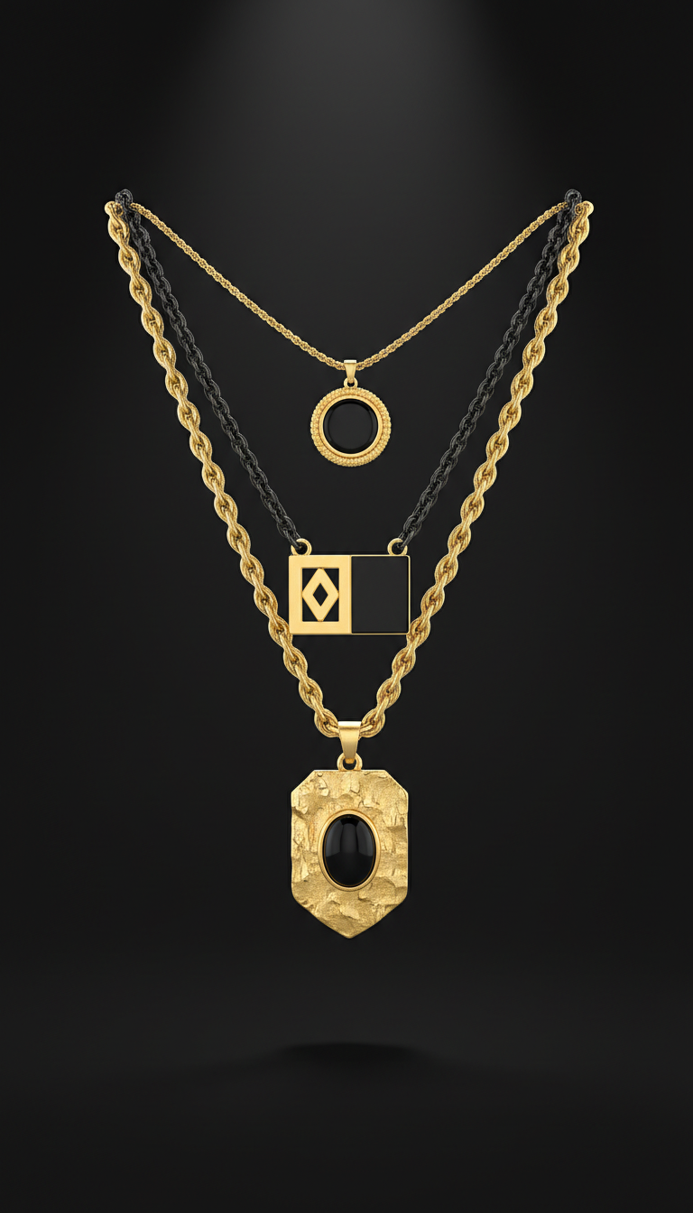 Layered unisex pendant necklace in gold and black