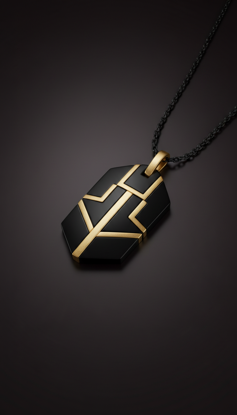 Black Lacquered Pendant Necklace with Gold Accents
