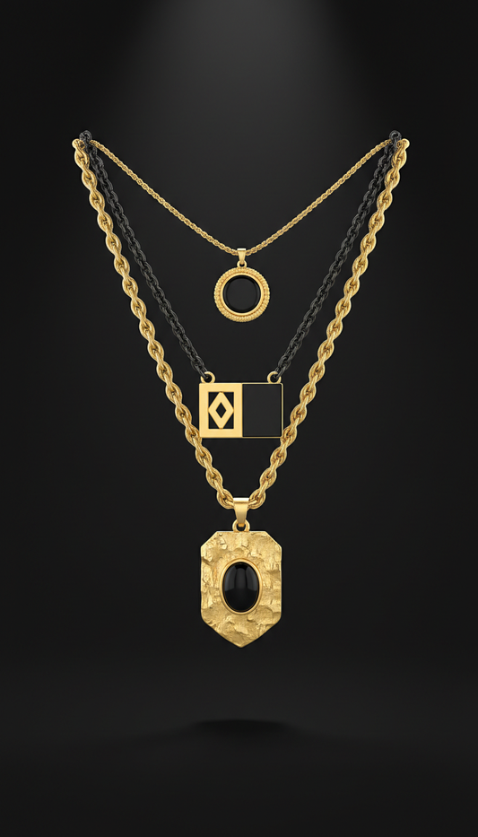 Layered unisex pendant necklace in gold and black
