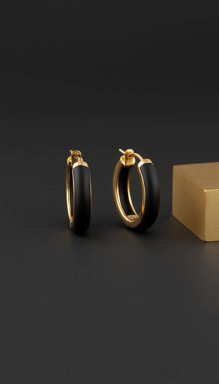 Matte black enamel hoop earrings with gold accents