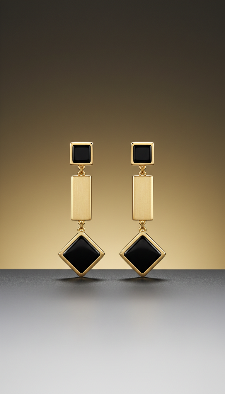Geometric drop earrings in 18k gold and onyx