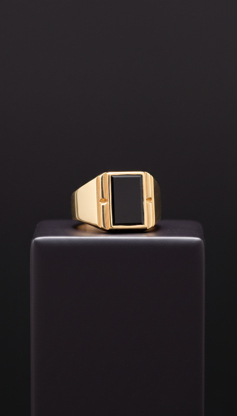 18k Gold Signet Ring with Onyx Inlay