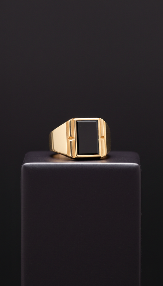 18k Gold Signet Ring with Onyx Inlay
