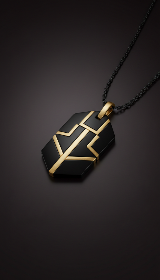 Black Lacquered Pendant Necklace with Gold Accents
